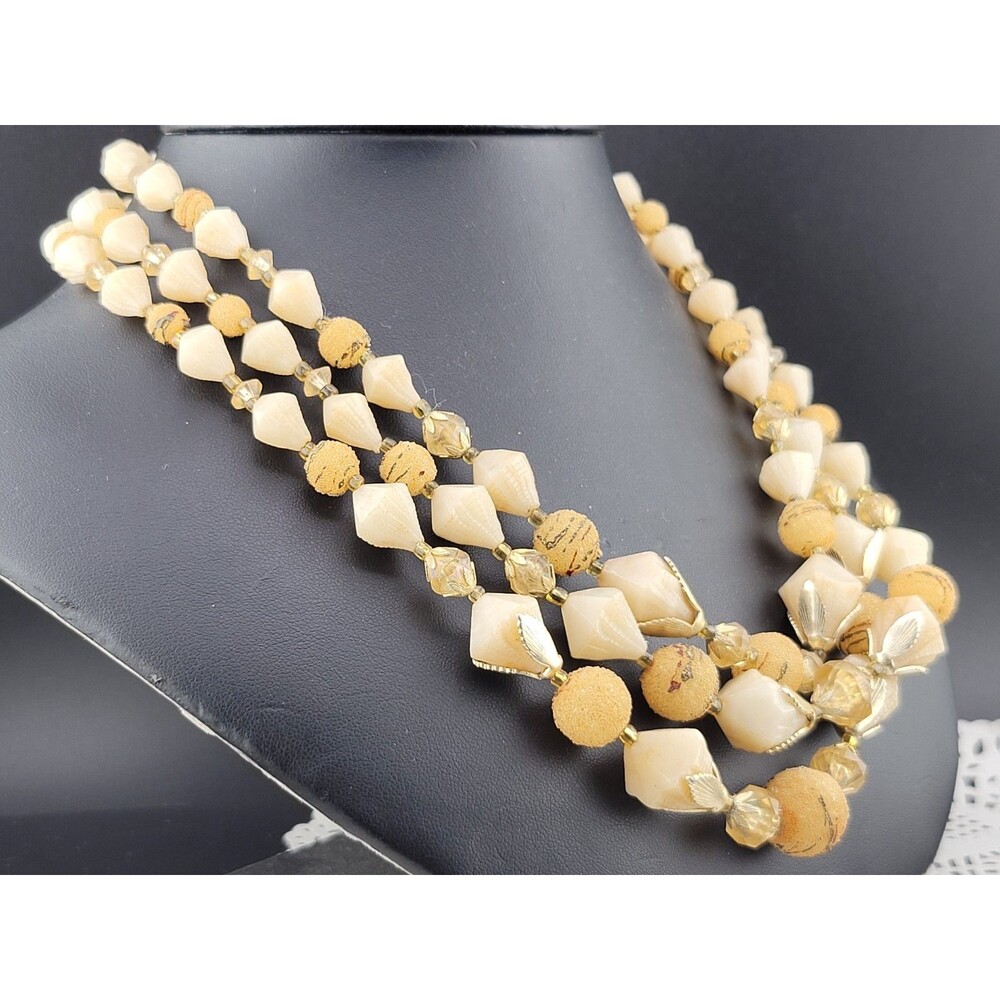 Vintage Signed Hong Kong Sugared Thermoset Plastic Beads Waterfall Bib Necklace